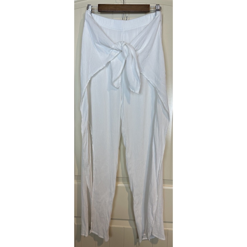 Kona Sol Womens large Stretch Waist Tie Front Split Leg Beach Resort Pants White